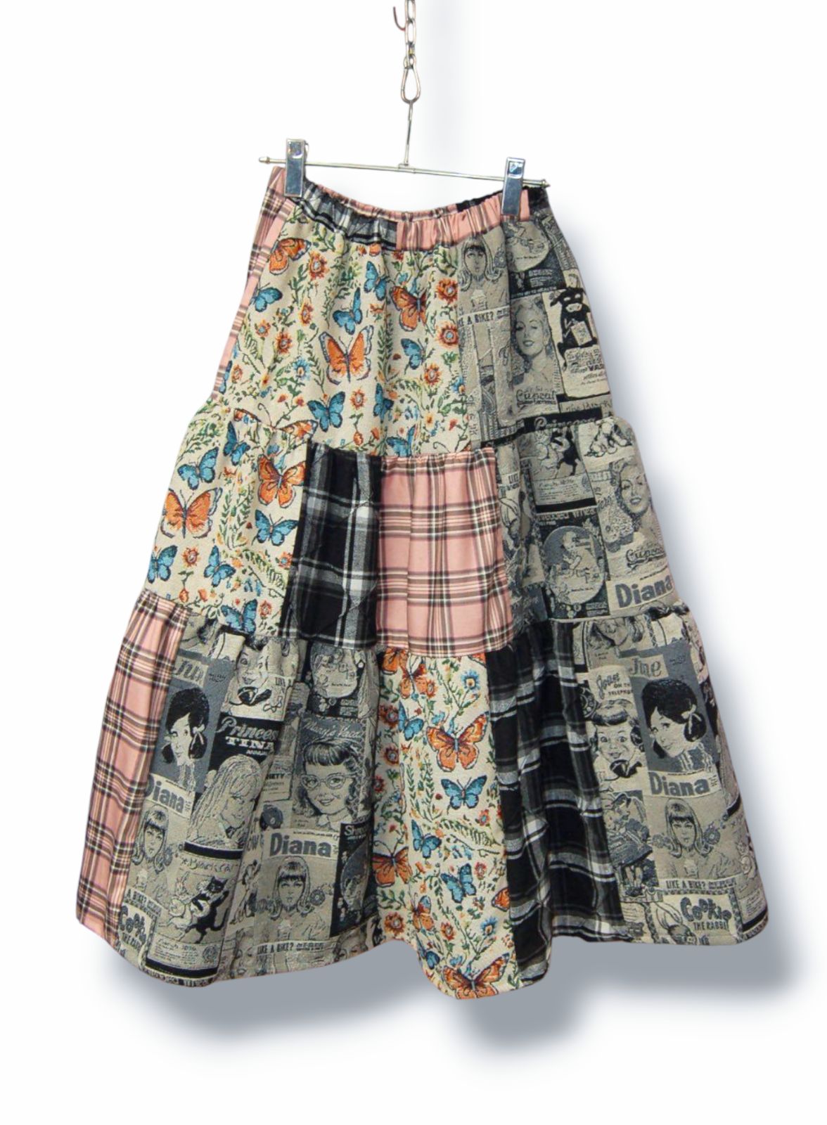 レトロマガジン×蝶々×タータンチェックミックス ティアードロングスカート