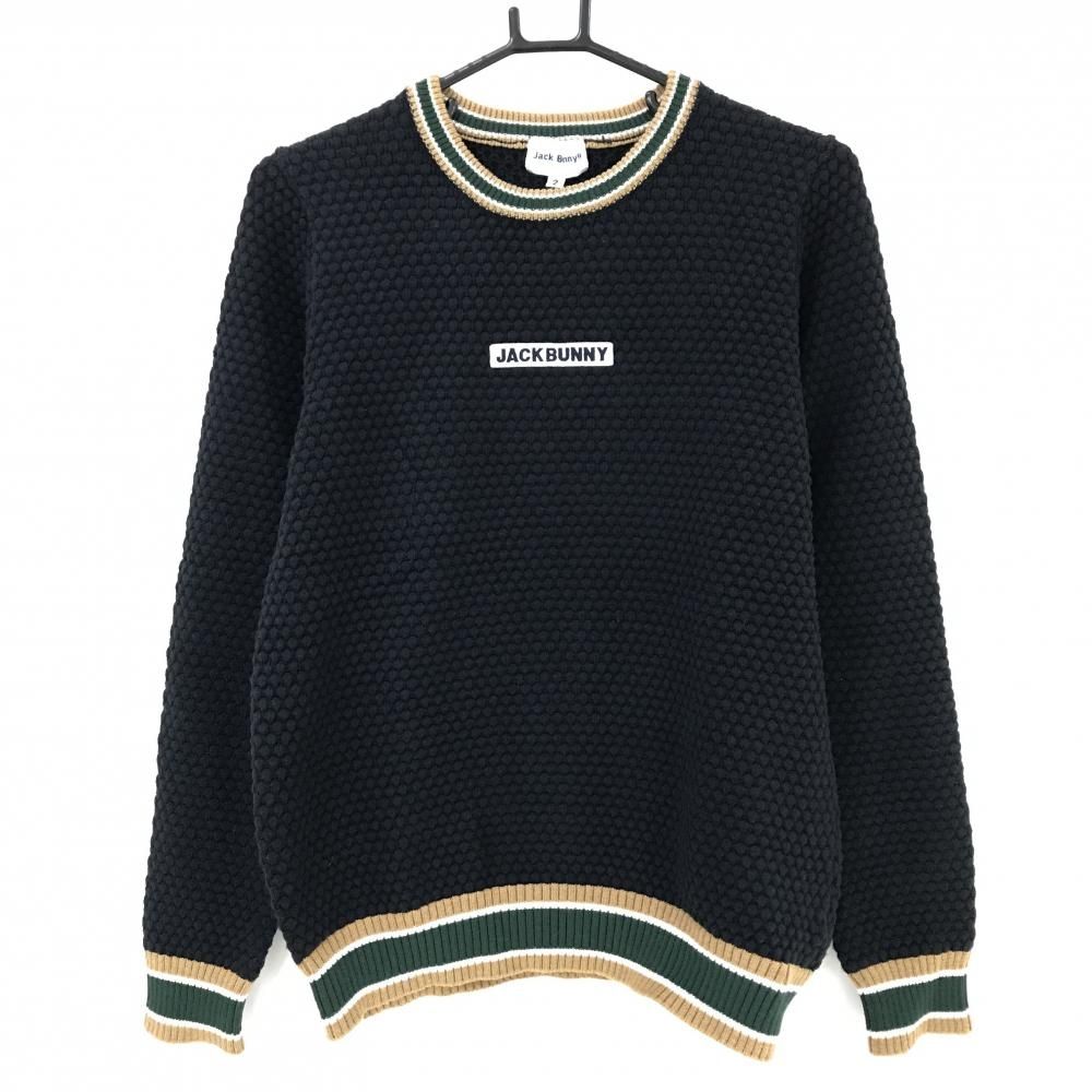 【超美品】ジャックバニー セーター ネイビー×ダークグリーン 凹凸編み ニット アクリル混 レディース 2(L) ゴルフウェア Jack Bunny