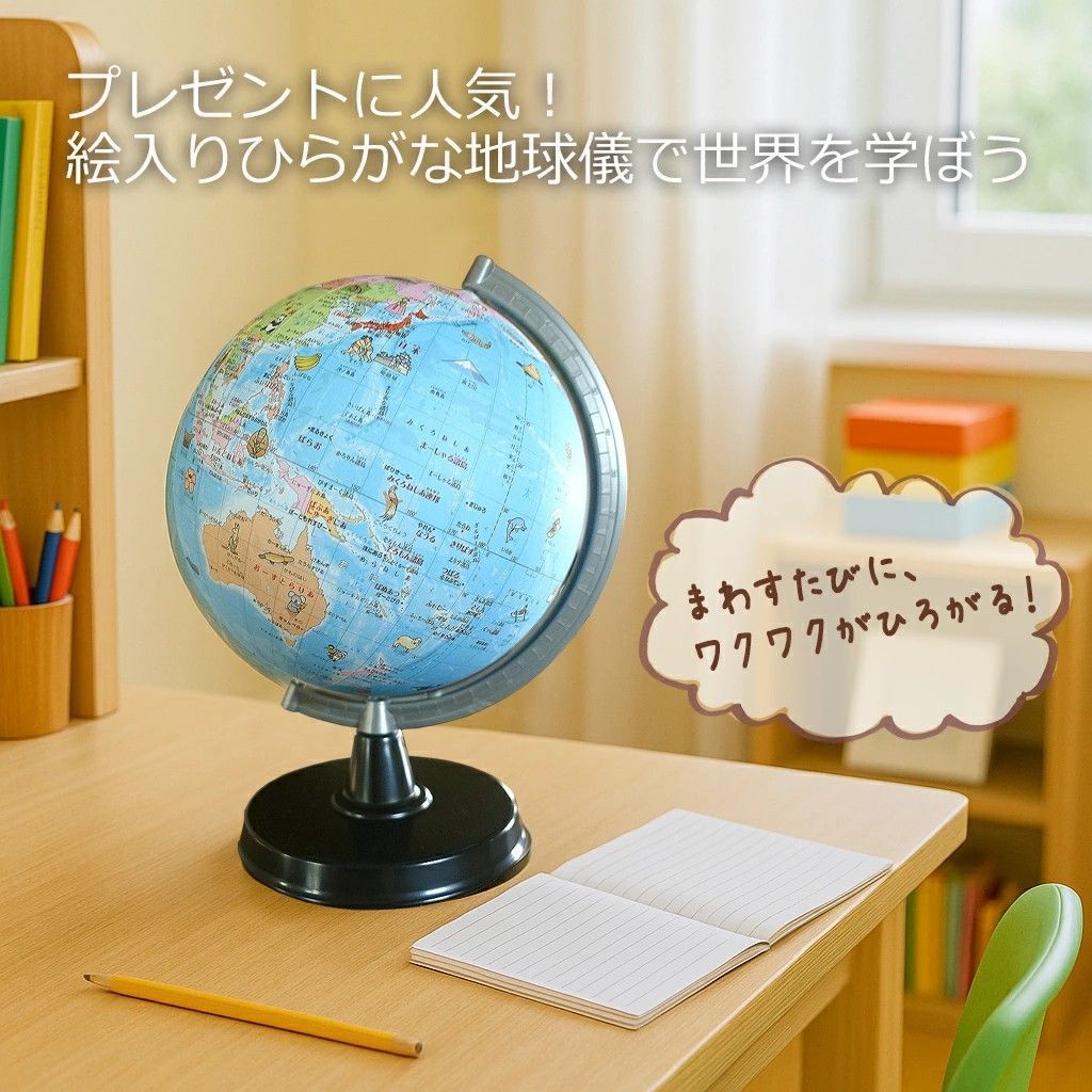 ひらがな地球儀 21-hap-r 3 子供用 子ども インテリア おしゃれ 地球儀 ひらがな プレゼント 絵入り 付き 学習用 子供 幼児 低学年 入学祝 入園祝 世界の国旗 日本地図付き 低反射 手貼り 21 cm