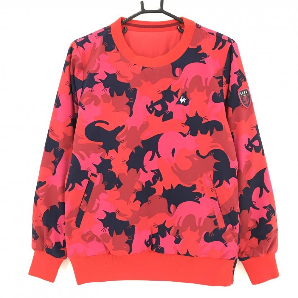 【超美品】ルコック 中綿リバーシブルスニード レッド×ネイビー ネコ柄 ブルゾン 2WAY レディース L ゴルフウェア le coq sportif