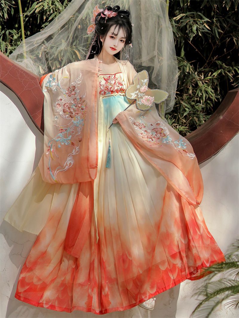 唐制漢服 女物 一片式 ハイウエスト コーツズ群 刺繡 大袖衫 春夏天 フォーマル エレガント 上品 結婚式 パーティー 写真撮影 煌めく刺繡が舞う 優雅な一枚に仕立て上げた唐代ロマンチック