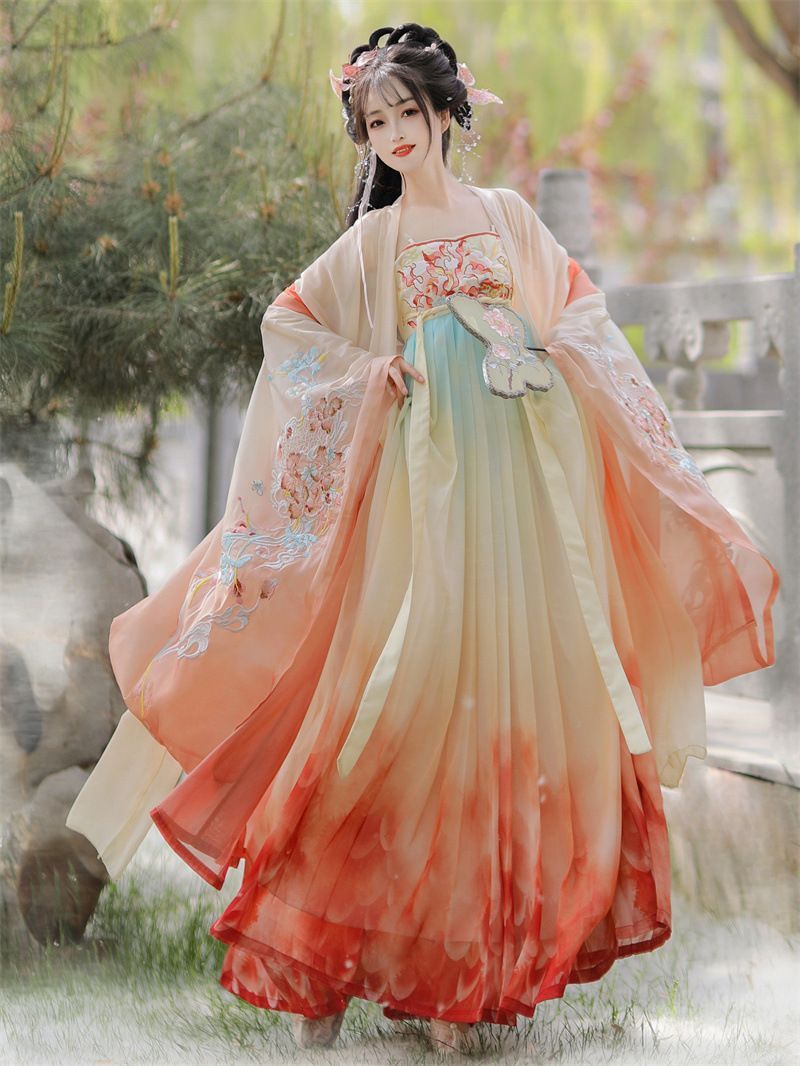 唐制漢服 女物 一片式 ハイウエスト コーツズ群 刺繡 大袖衫 春夏天 フォーマル エレガント 上品 結婚式 パーティー 写真撮影 煌めく刺繡が舞う 優雅な一枚に仕立て上げた唐代ロマンチック