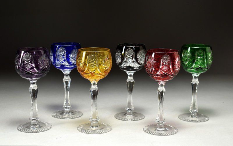 蔵A5598a クリスタルガラス 色被せ切子 ワイングラス 六客