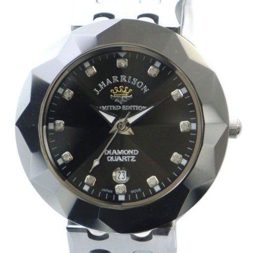 ジョンハリソン Jハリソン J.HARRISON LIMITED EDITION 腕時計 ウォッチ 12P ダイヤ デイト カレンダー付き タングステン シルバー 銀色 黒文字盤 TNM-002 MQ GY18
