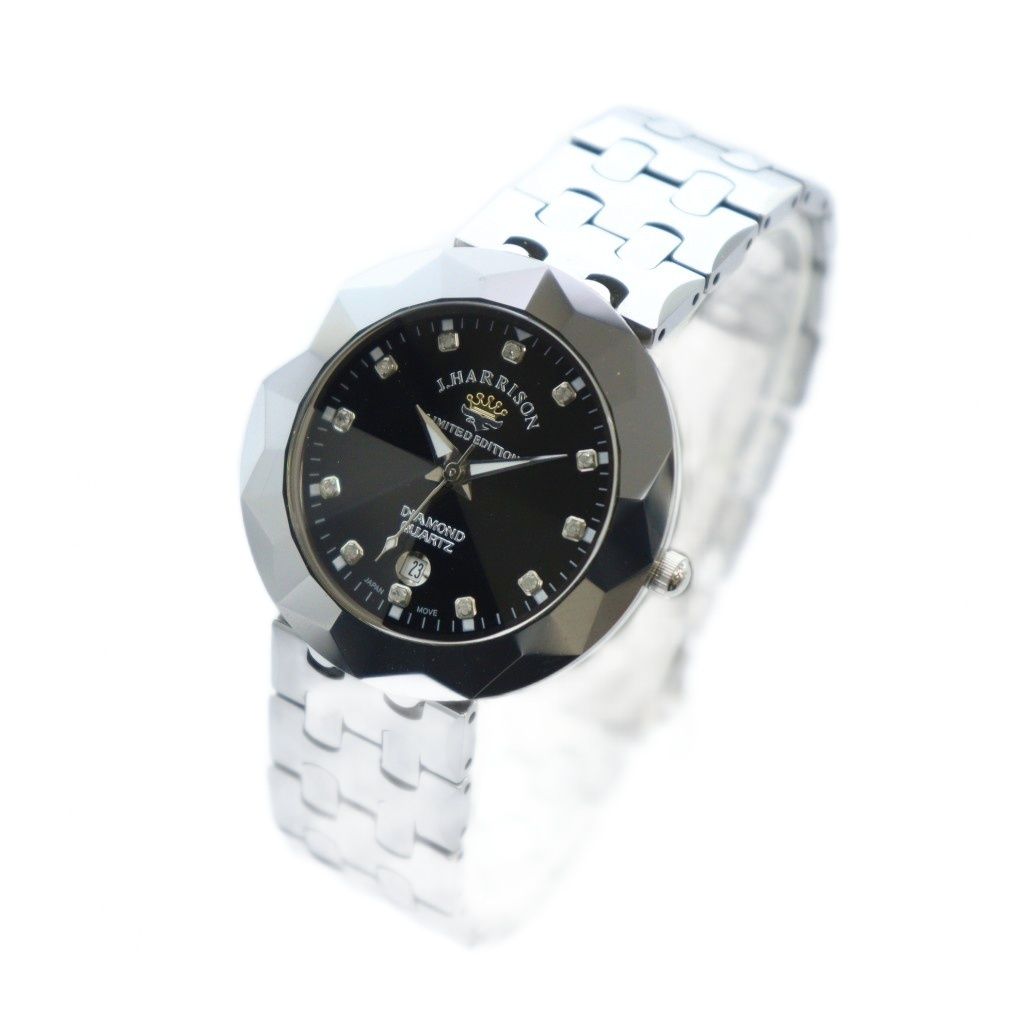 ジョンハリソン Jハリソン J LIMITED EDITION 腕時計 ウォッチ 12 P ダイヤ デイト カレンダー付き タングステン シルバー 銀色 黒文字盤 TNM 002 MQ GY 18