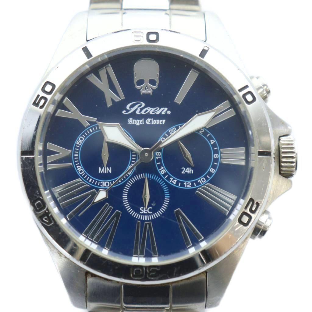 ロエン Roen 腕時計 ウォッチ クォーツ 青文字盤 スカル ロゴ クロノグラフ シルバー色 GY11 MQ