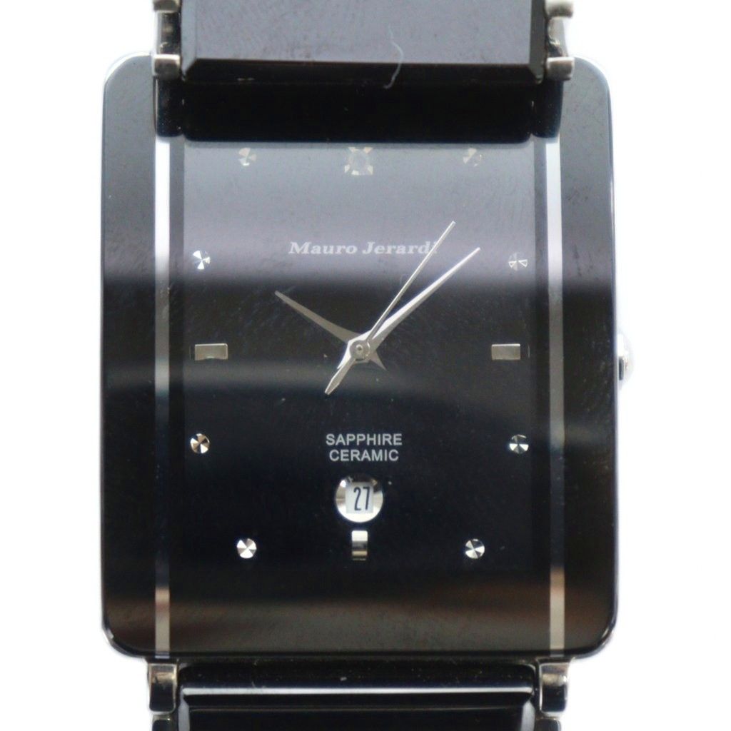 マウロ ジェラルディ MauroJerardi MJ-3080 腕時計 ウォッチ 1Pダイヤモンド クォーツ スクエア デイト カレンダー付き セラミック 黒文字盤 シルバー色 GY11 MQ