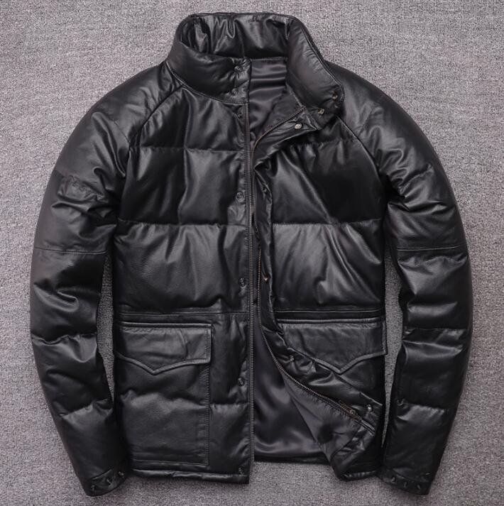 秋冬 本革 ダックダウンジャケット 防風防寒性 冬 牛革レザーコートライダース黒