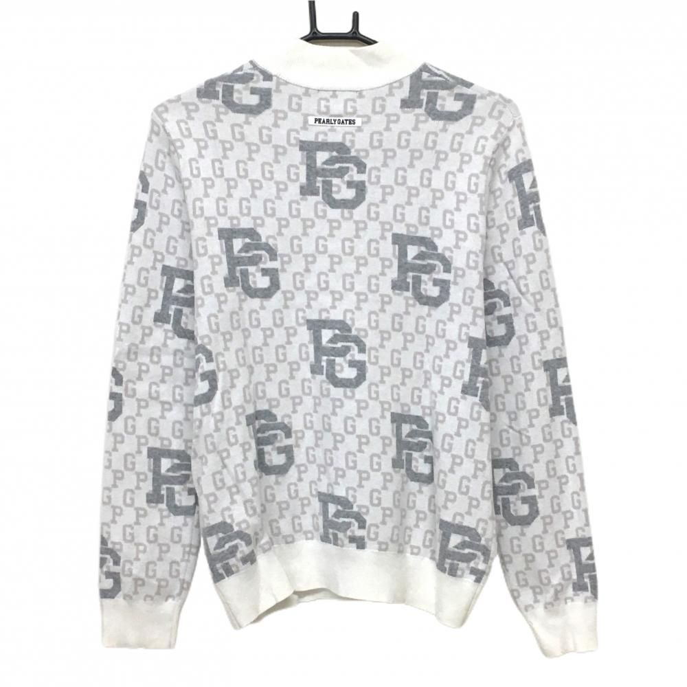 超 パーリーゲイツ セーター 白 グレー ロゴ総柄 ニット レディース 2 L ゴルフウェア モデル PEARLY GATES