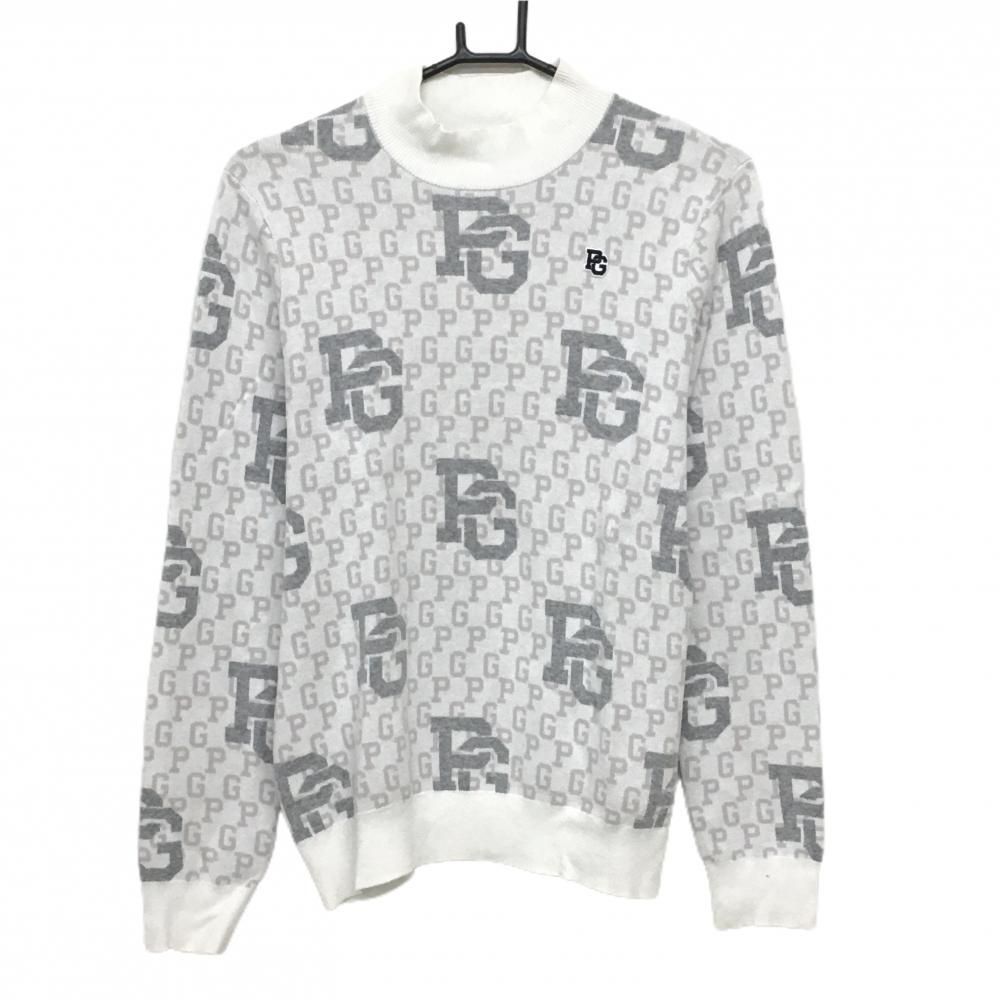 超 パーリーゲイツ セーター 白×グレー ロゴ総柄 ニット レディース 2 L ゴルフウェア モデル PEARLY GATES