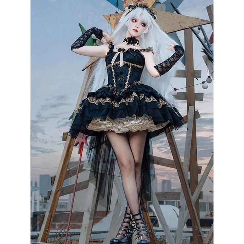 ワンピース ロリータ ハロウィン バレエコア風 ショート丈 ミニ レディース ノースリーブ ゴスロリ ゴシック 暗黒風 ロリィタファッション リボン レース フリル
