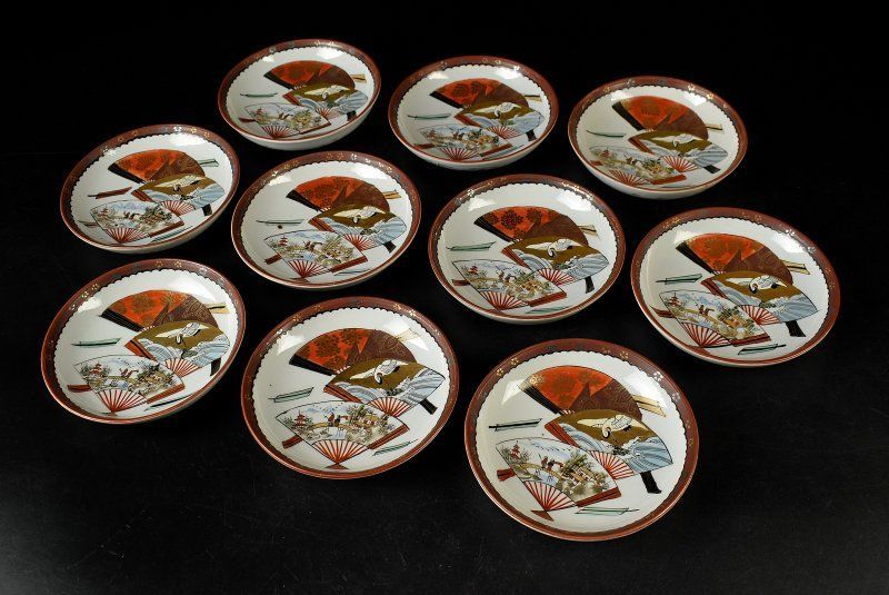 蔵A3631b 九谷 扇面図 小皿 銘々皿 十客