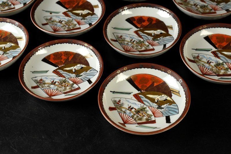 蔵A3631b 九谷 扇面図 小皿 銘々皿 十客