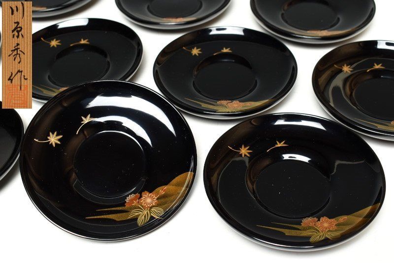 蔵A3629d 能登輪島塗 川原秀 大雅堂謹製 布着本堅地 山霞蒔絵 茶托 十客 共箱