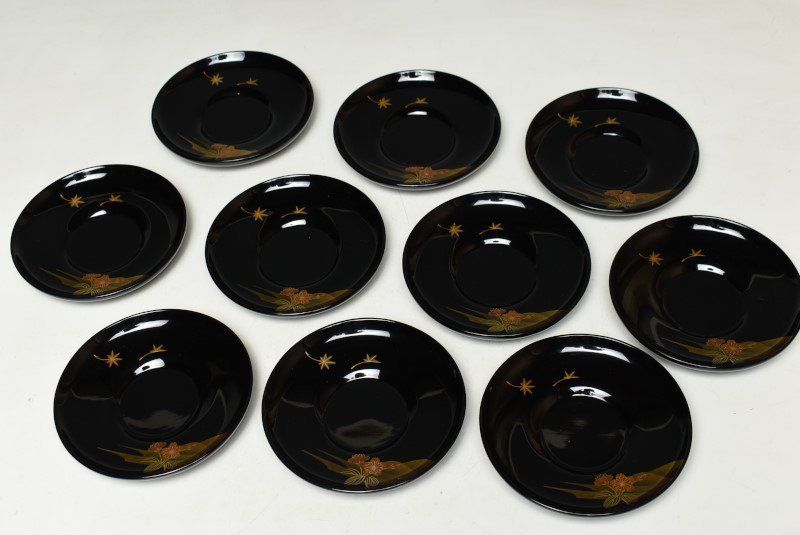 蔵A3629d 能登輪島塗 川原秀 大雅堂謹製 布着本堅地 山霞蒔絵 茶托 十客 共箱