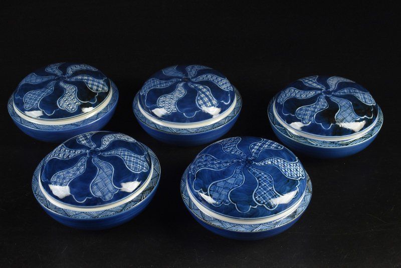 蔵A3350 九谷焼 上出長右衛門 造 捻祥瑞向付 蓋物 五客