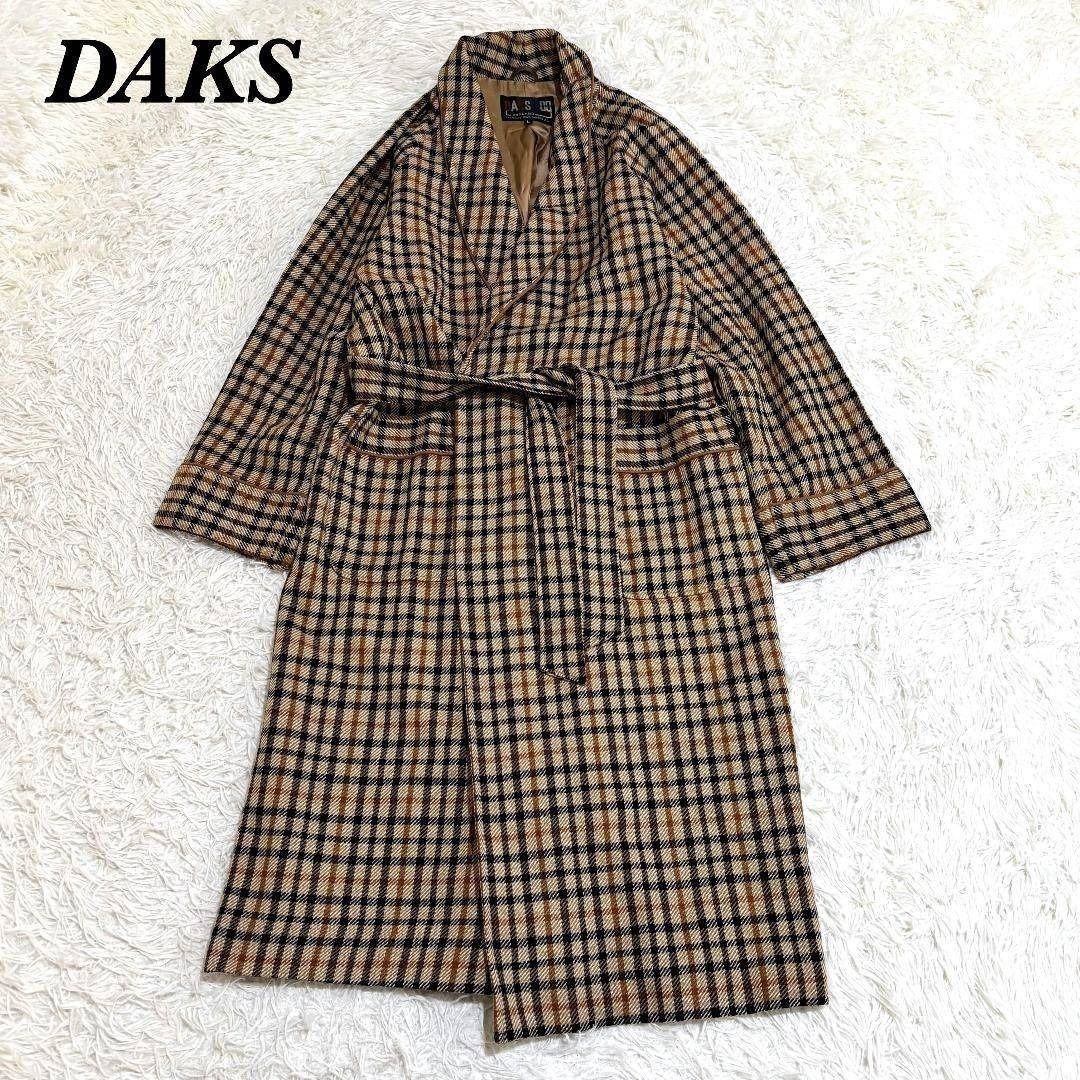DAKS ガウンウールロングコート L チェックブラウン