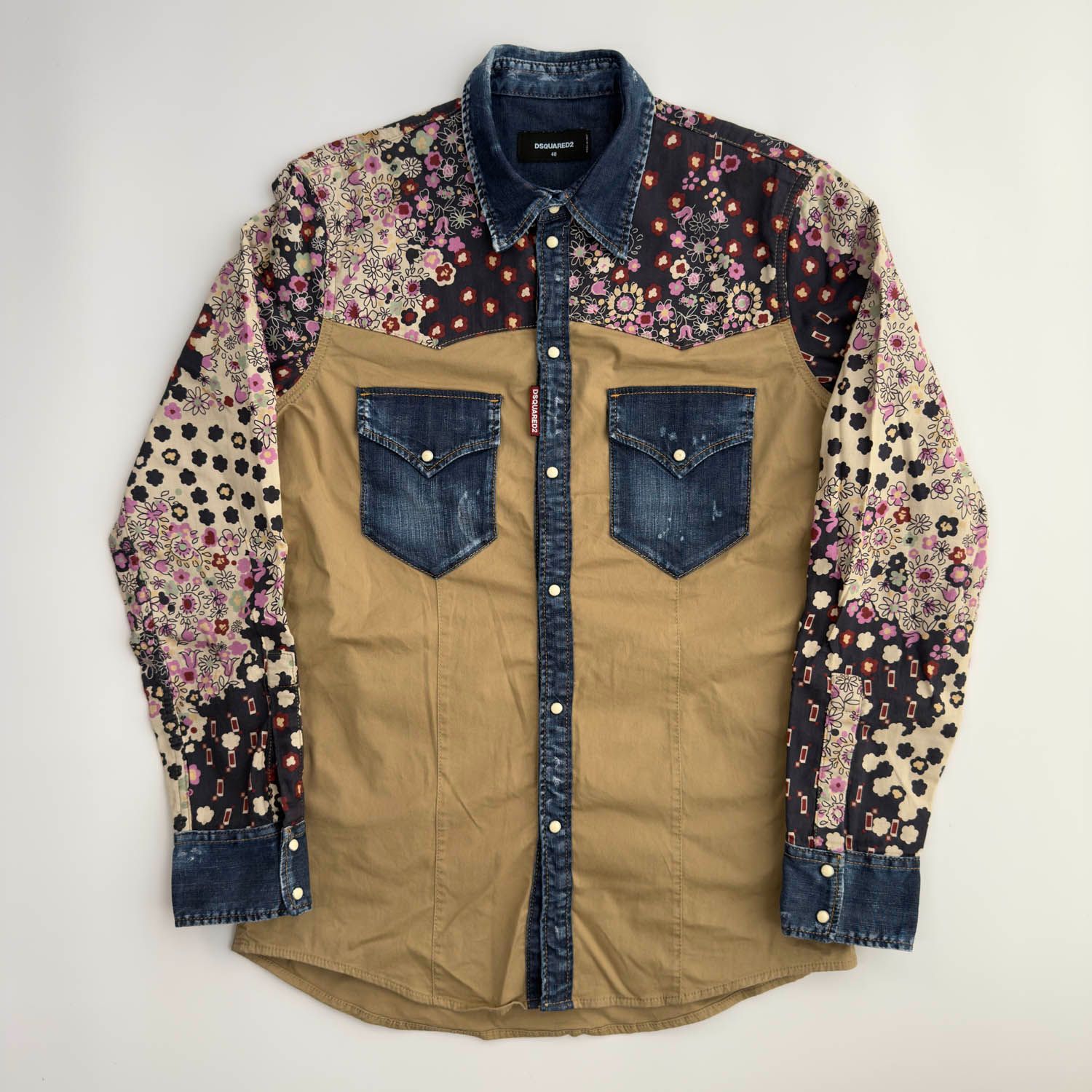 DSQUARED2 ディースクエアード 花柄 切替 デニムシャツ 長袖 サイズ48 古着