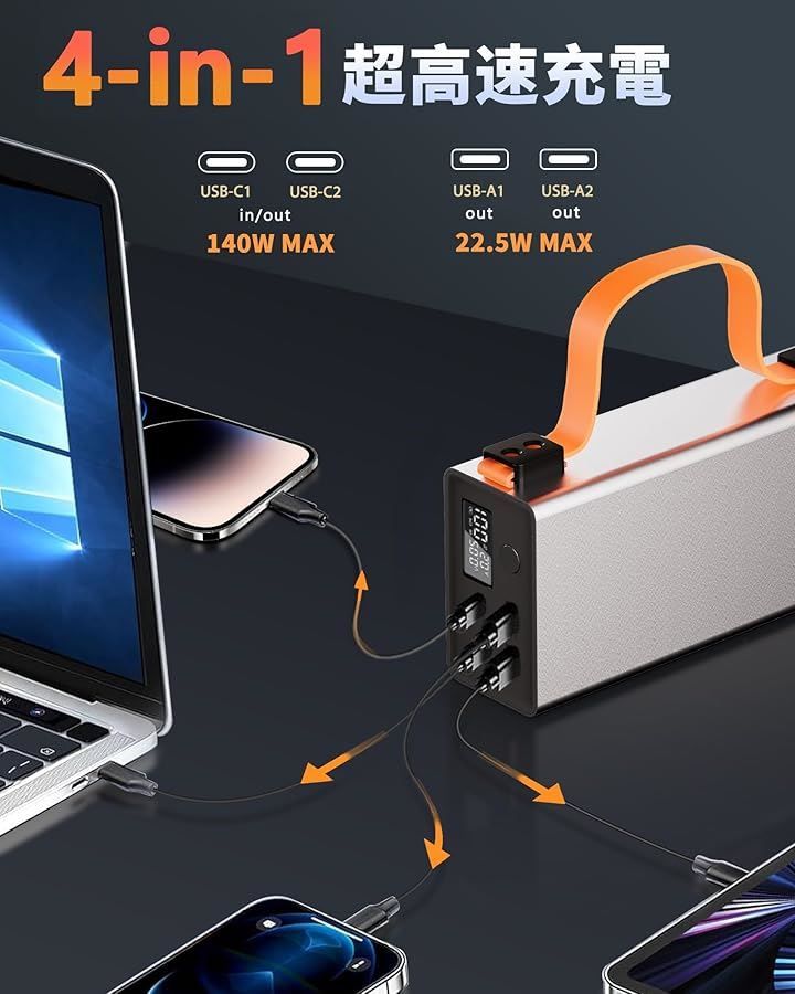 AHEHO 大容量 ポータブル電源 140W出力 318Wh 86000mAh 30分で65％急速充電モバイルバッテリー ポータブルバッテリー 小型 3モードライト付き デジタル残量表示 パススルー充電 PSE認証済み シルバー