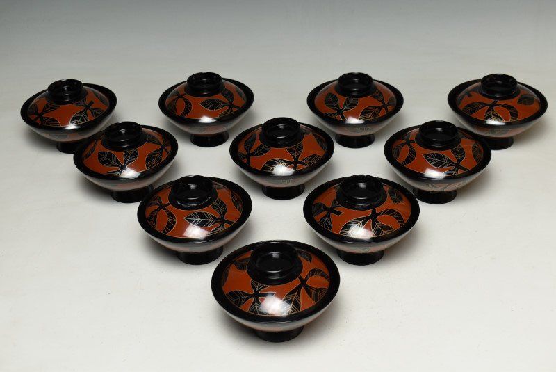 蔵A3195a 能登輪島塗 布着蒔絵花文 吸物椀 汁椀 十客