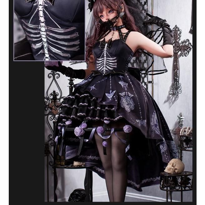 最低の価格！ ワンピース ロリータ ハロウィン スケルトン風 魔女風 ティアードスカート フィッシュテール レディース ノースリーブ ゴスロリ ゴシック 暗黒風