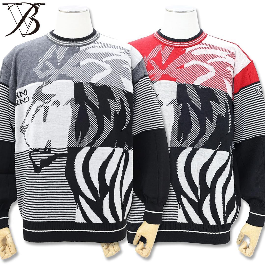 バーニヴァーノ ライオンデザイン クルーネック ニット Lサイズ BAW-KSW4133 ブラック×グレー レッド×ブラック セーター 丸首 秋冬