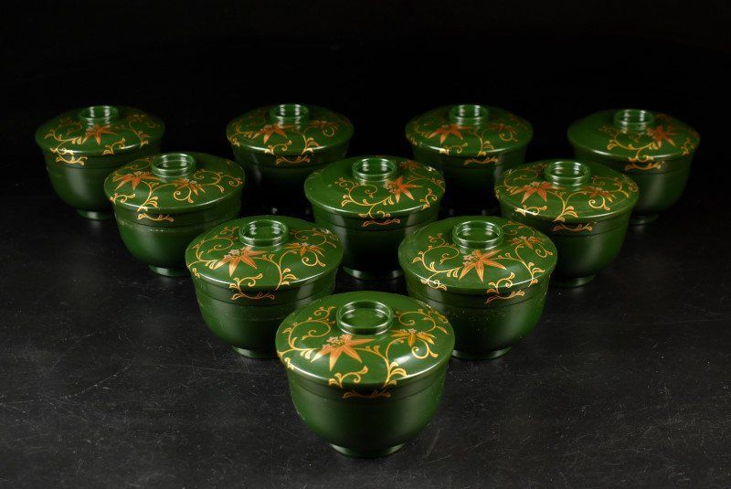 蔵A3287y 木製緑漆唐草蒔絵 吸物椀 汁椀 蓋物 十客