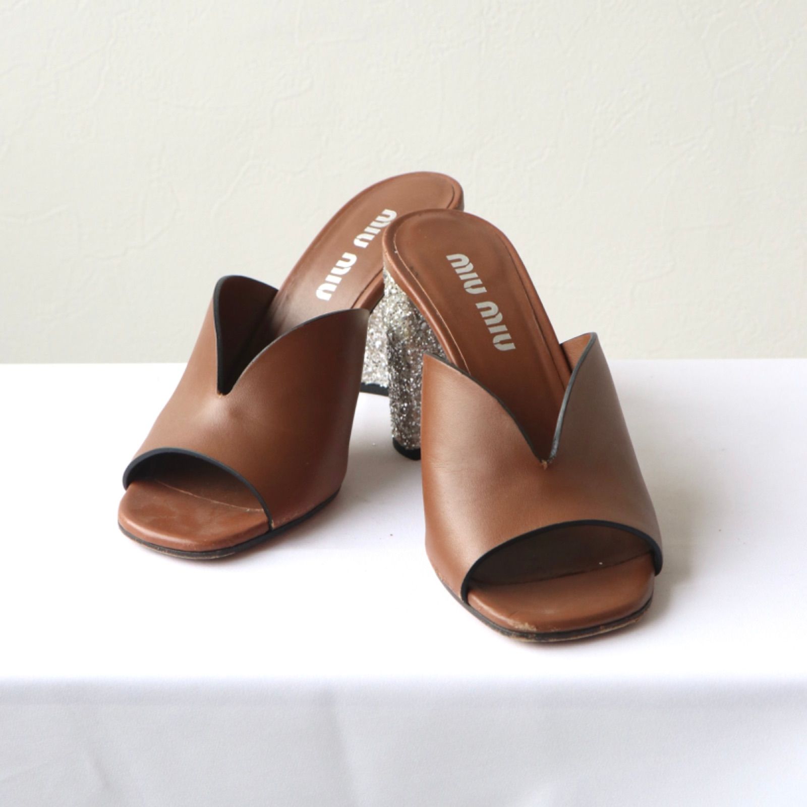 miumiu グリッター ヒールサンダル パンプス ブラウン ミュウミュウ