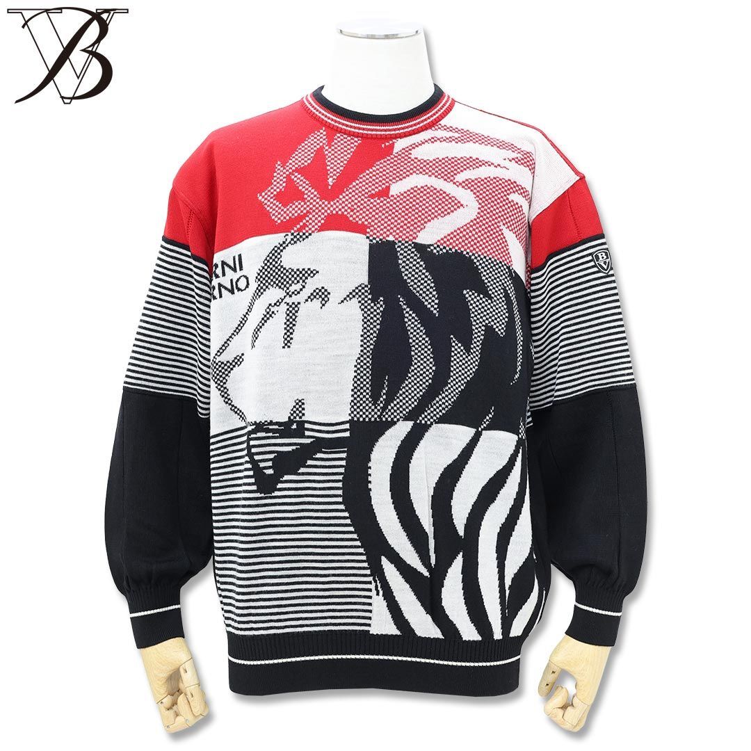 バーニヴァーノ ライオンデザイン クルーネック ニット LLサイズ BAW-KSW4133 レッド×ブラック セーター 丸首 秋冬
