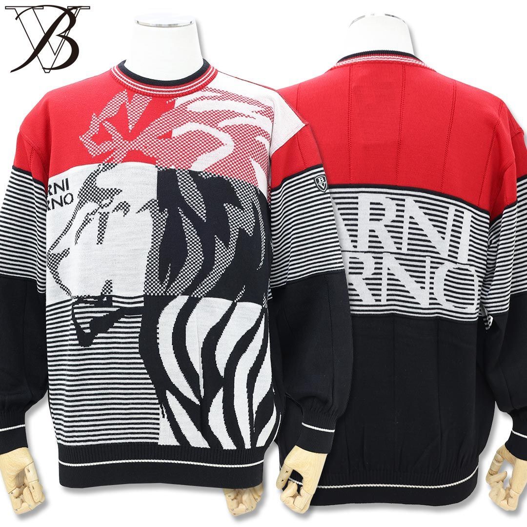 バーニヴァーノ ライオンデザイン クルーネック ニット LLサイズ BAW-KSW4133 レッド×ブラック セーター 丸首 秋冬