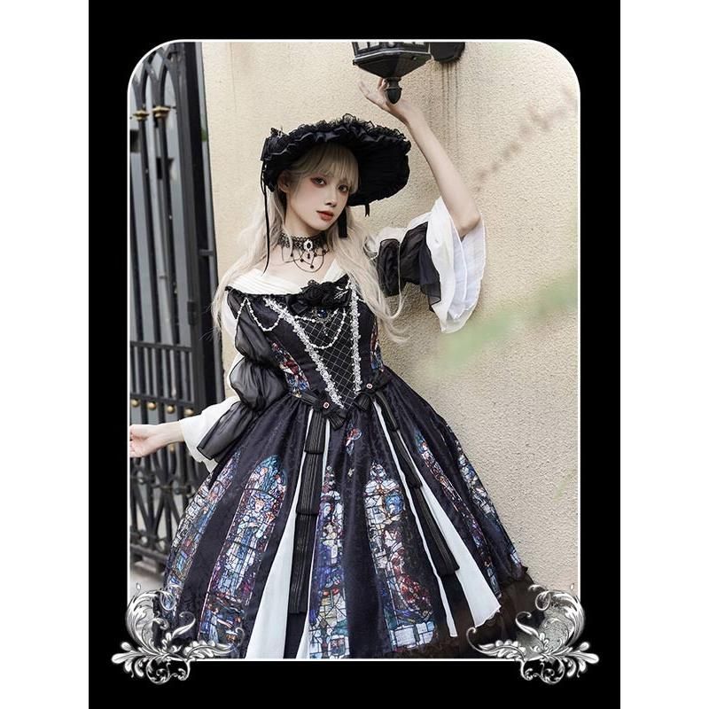 ワンピース ロリータ ハロウィン ステンドグラス風 ミモレ丈 ジャンパースカート オフショルダー レディース 長袖 クラロリ ゴスロリ ゴシック 暗黒風