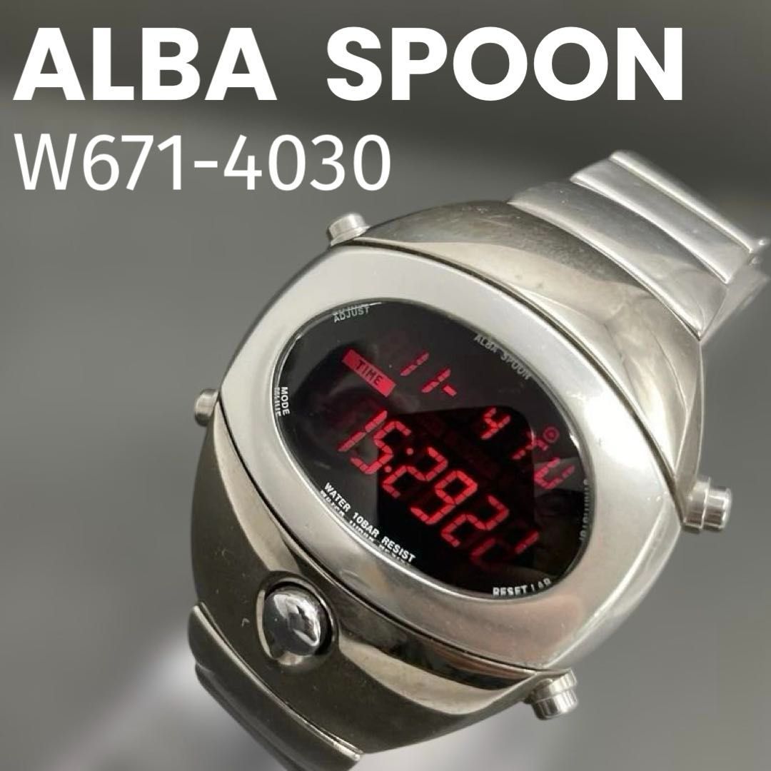 動作ＯＫ SEIKO ALBA スプーン W671-4030 QZクォーツ デジタル腕時計 セイコー アルバ SPOON ヴィンテージ フルメタル シルバー