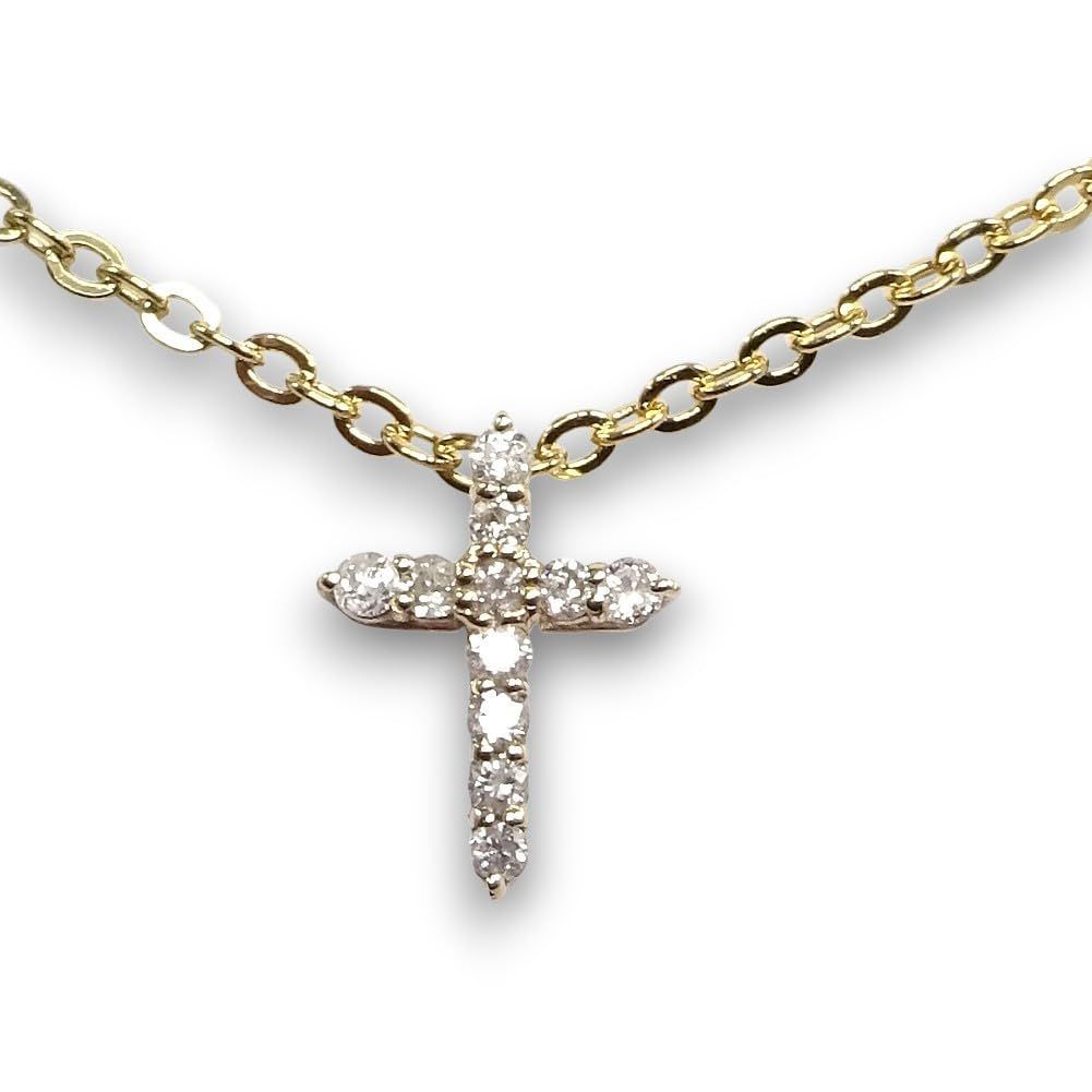 K10YG ダイヤモンド クロスネックレス プチペンダント0.10カラット11石鑑別書付3041
