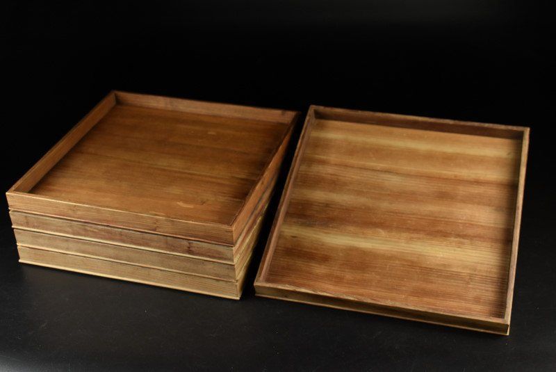 蔵A3236a 杉製 会席膳 四方盆 五客 木箱 2.8㎝×33.5㎝