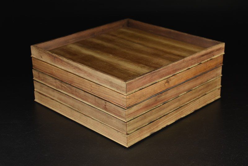 蔵A3236a 杉製 会席膳 四方盆 五客 木箱 2.8㎝×33.5㎝