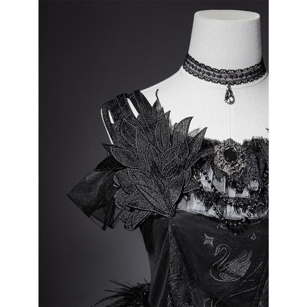 マフラー ワンピース ロリータ レトロ風 バレエ風 白鳥風 ショート丈 ミニ レディース ゴスロリ トレーン付き 暗黒風 レトロ風 ロリィタファッション オープンショルダー 【品薄】