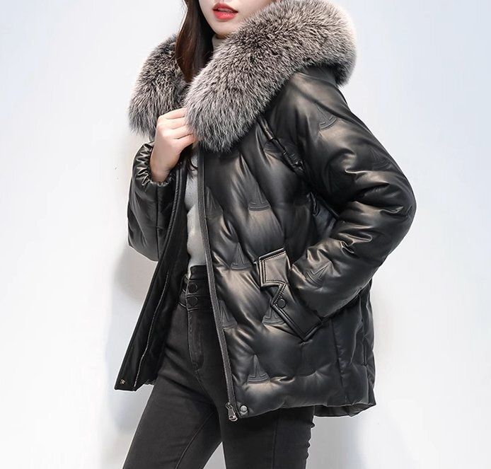 秋冬 防寒 羊革 本物のキツネ毛皮の襟 ラグランスリーブ 贅沢 レディース ダウン コート GULLKHAN_COM