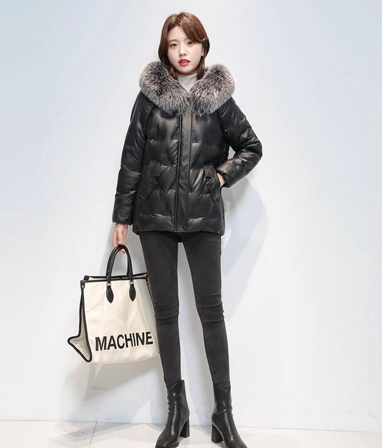 秋冬 防寒 羊革 本物のキツネ毛皮の襟 ラグランスリーブ 贅沢 レディース ダウン コート