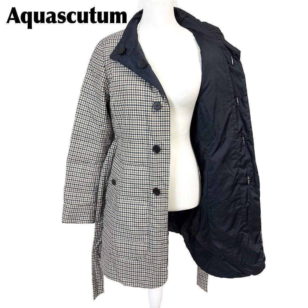 Aquascutum リバーシブル ダウンコート 8 チェックネイビー