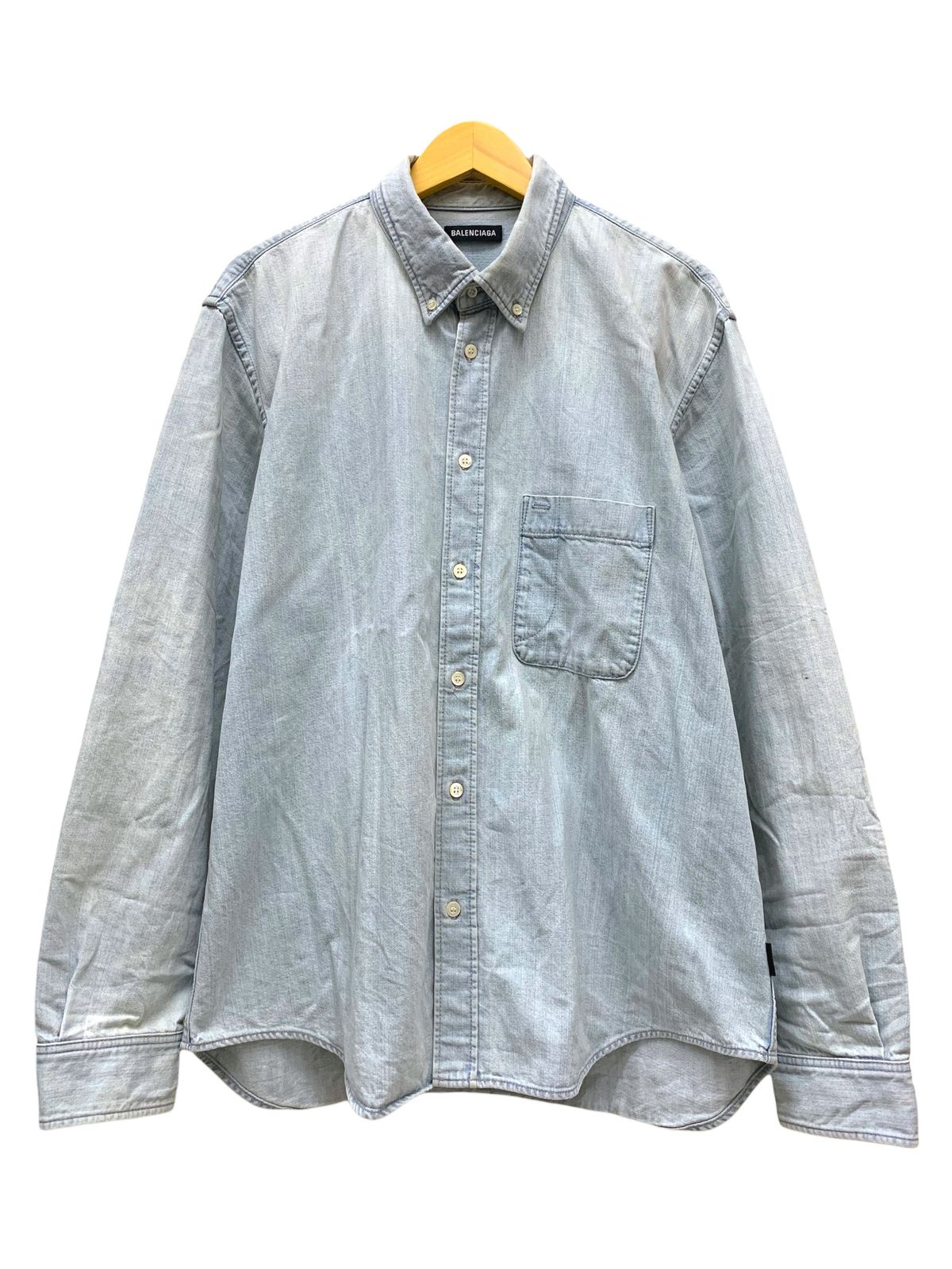 BALENCIAGA バレンシアガ デニム 長袖シャツ バックロゴ ボタンダウン ユーズド加工 509534 TYE24 39 ブルー メンズ 036