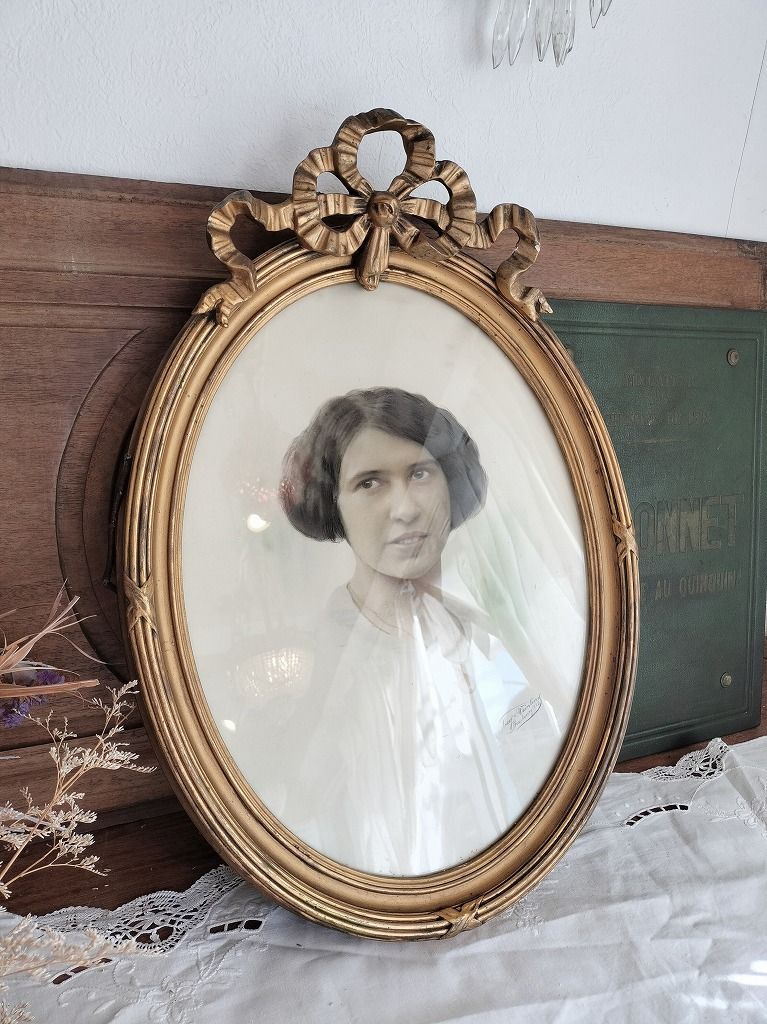 フランス アンティーク ゴールド 木製 リボン装飾 オーバル フレーム 額 壁掛 ガラス付き