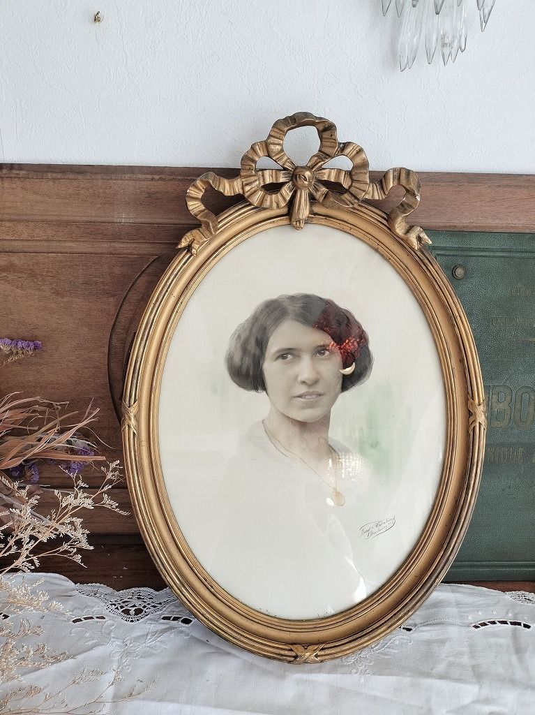 フランス アンティーク ゴールド 木製 リボン装飾 オーバル フレーム 額 壁掛 ガラス付き