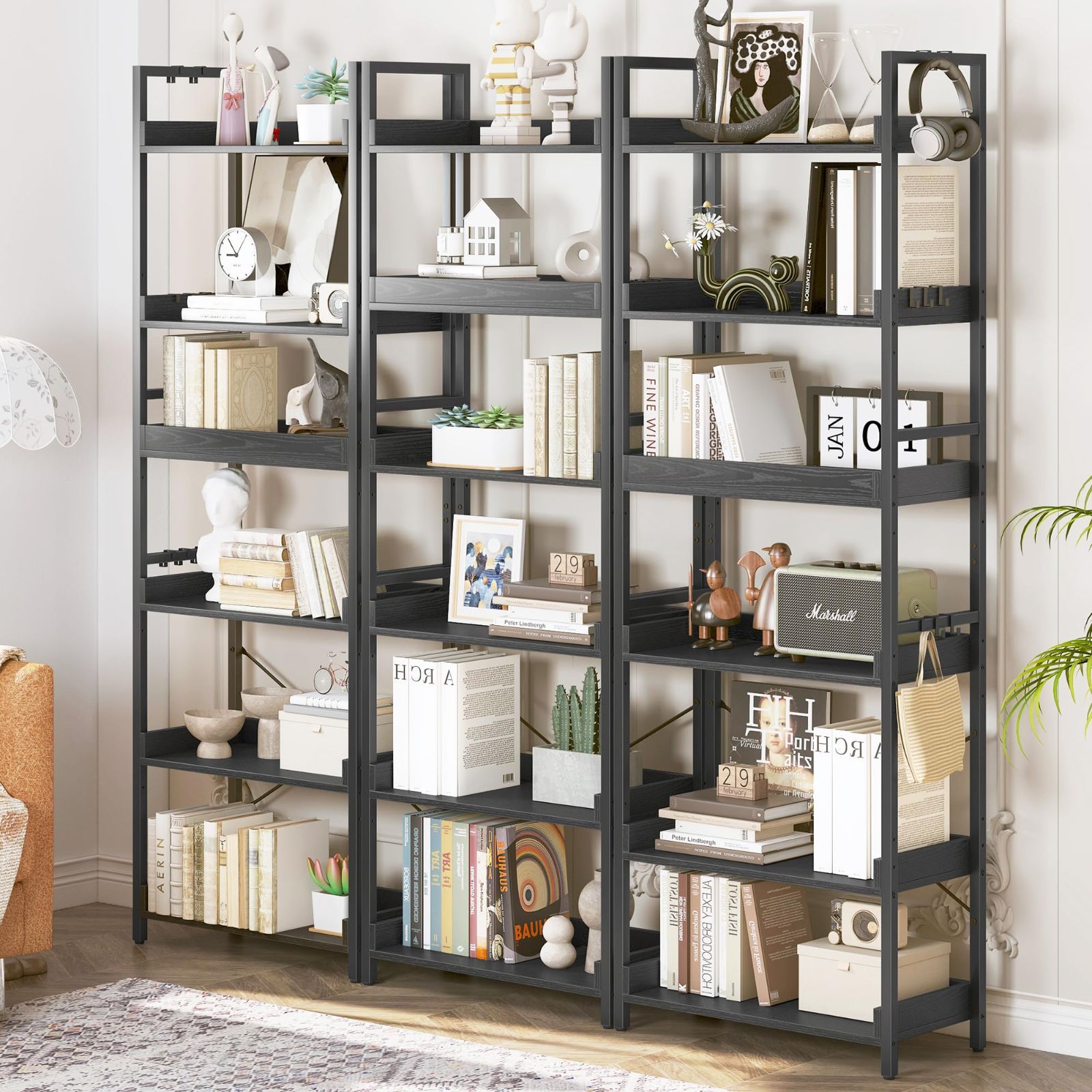 HCHQHS ラック キッチン 棚 おしゃれ 収納 オープンシェルフ 本棚 幅60 6段 ディスプレイ 木製 食器棚 スリム アイアン ウッド リビング 収納 レンジ 木目 組立簡単 ブラック H6-幅60