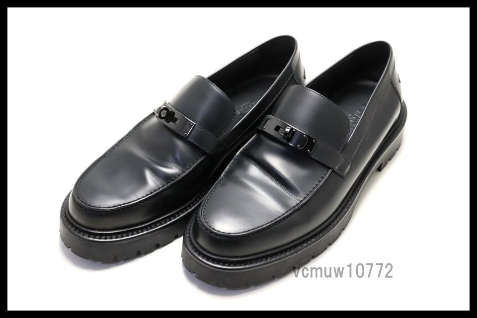 近年モデル 美 HERMES モカシン 黒金具 ケリー レザー シューズ 42 エルメス 1023wv455-3K