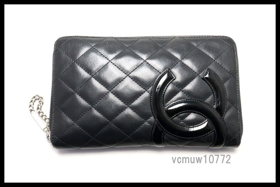 美 CHANEL 10番台 カンボンライン SV金具 レザー ラウンドファスナー 長財布 シャネル 1023uz5729569