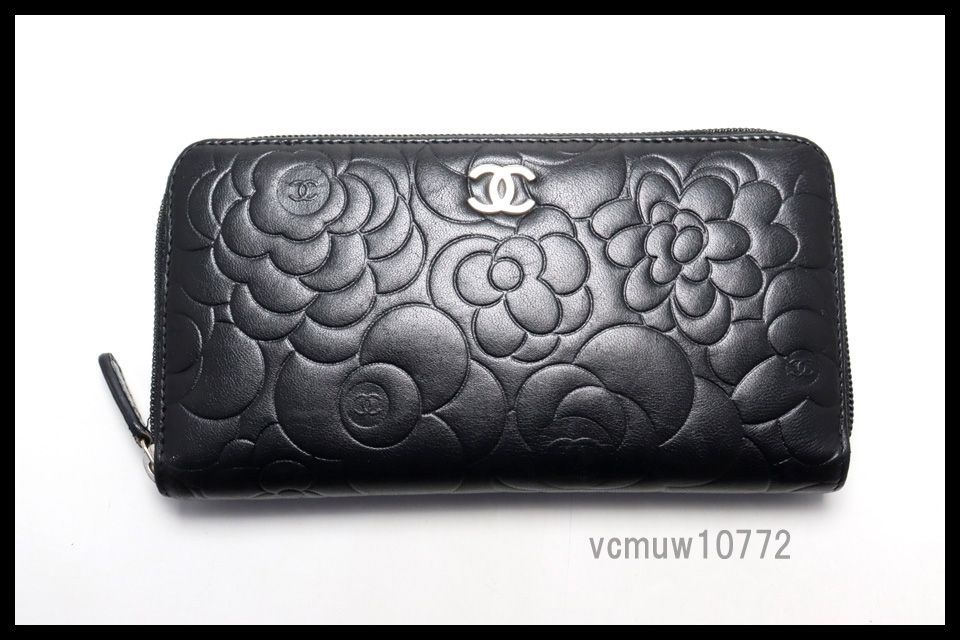 美 CHANEL 13番台 カメリア SV金具 レザー ラウンドファスナー 長財布 シャネル 1023mr29898