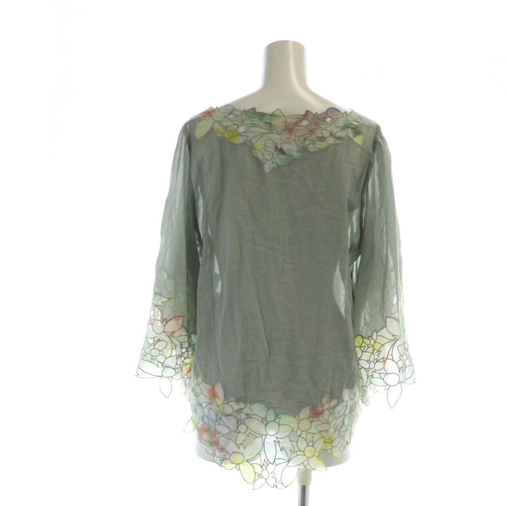 グレースコンチネンタル GRACE チュニック カットソー 七分袖 花柄刺繍 切替 ロゴ マルチ GY 18 MQ