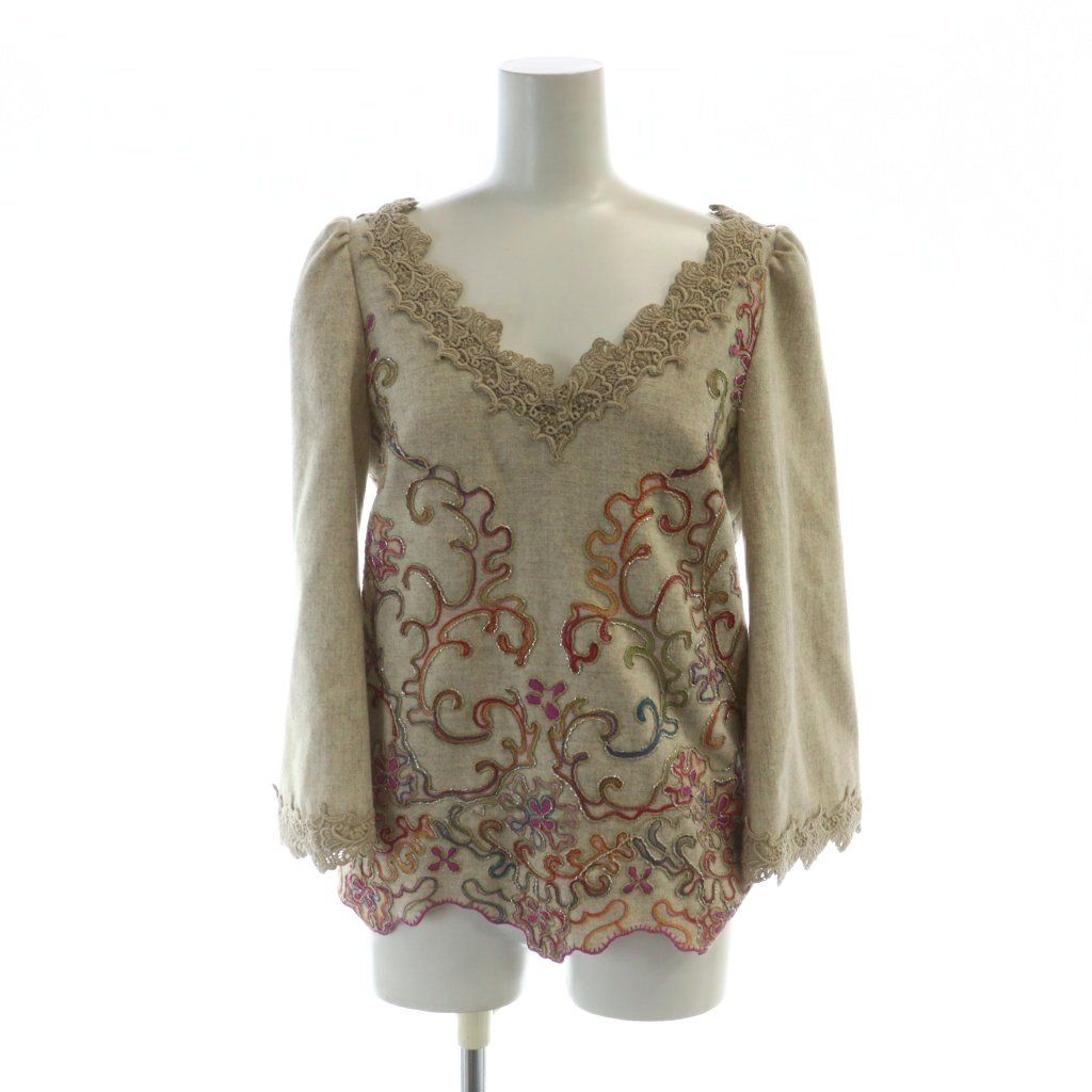 グレースクラス GRACE Class チュニック カットソー 長袖 ロゴ レース刺繍 Vネック 36 ベージュ GY18 MQ