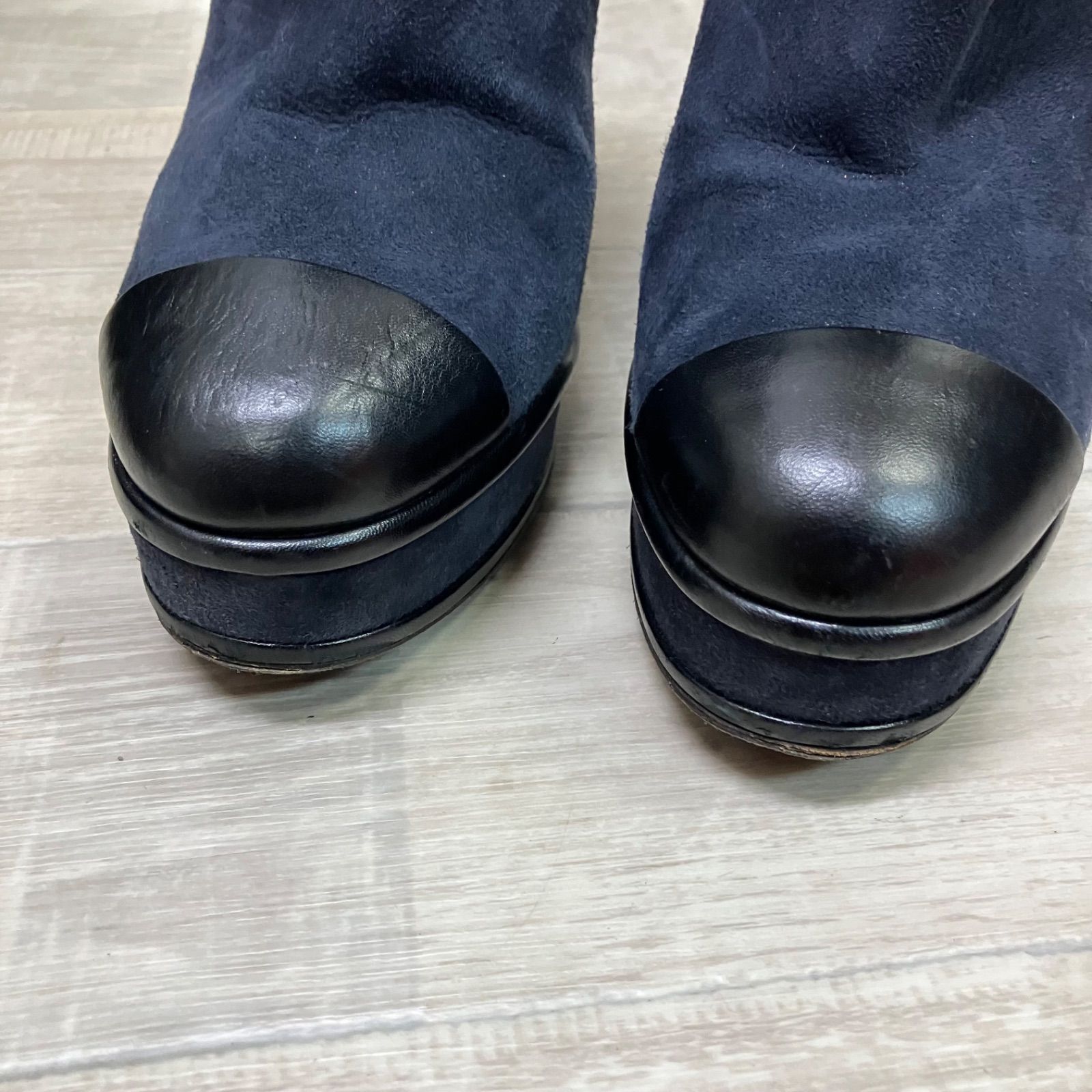 CHANEL シャネル スエード ヒール ブーティ ネイビー 37 1 2 23.5 cm 9 e 489 64