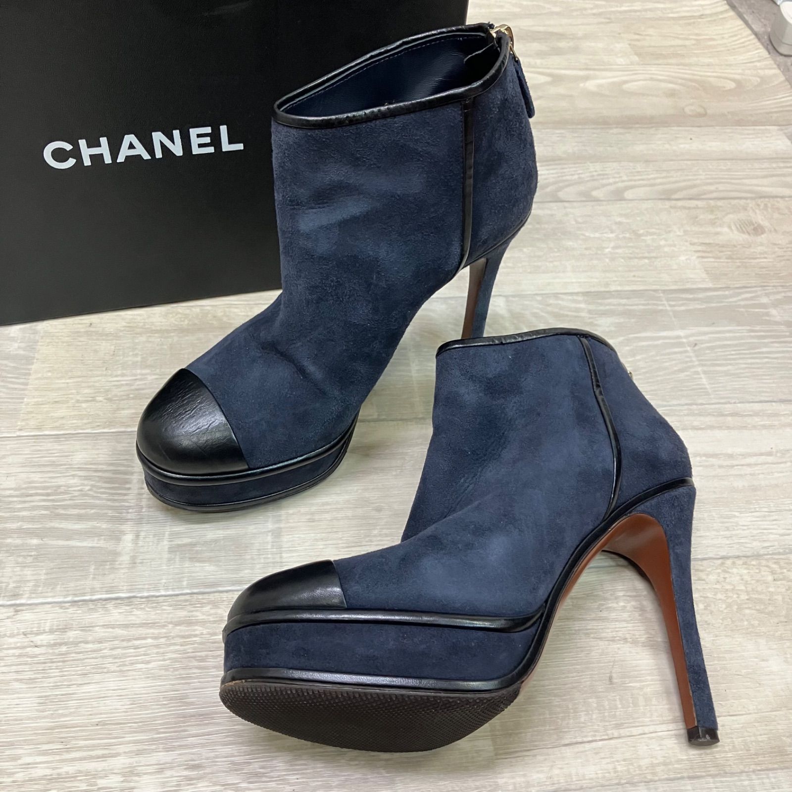 CHANEL シャネル スエード ヒール ブーティ ネイビー 37 1 2 23.5cm 9e489e64
